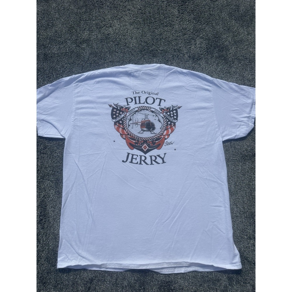 Pilot Jerry Helicopter T Shirt XL White Aviation Pilot Graphic Back Print Tee